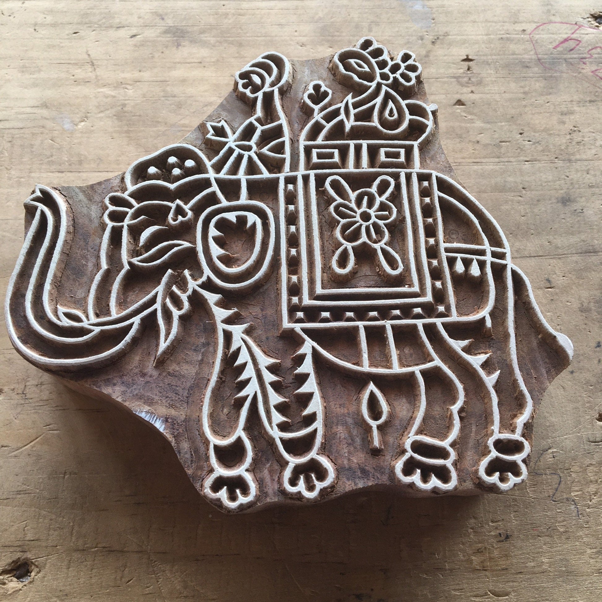 Elephant with howdah, hand carved Indian wood printing block; textile stamp; pottery stamp,