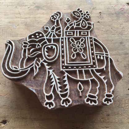 Elephant with howdah, hand carved Indian wood printing block; textile stamp; pottery stamp,