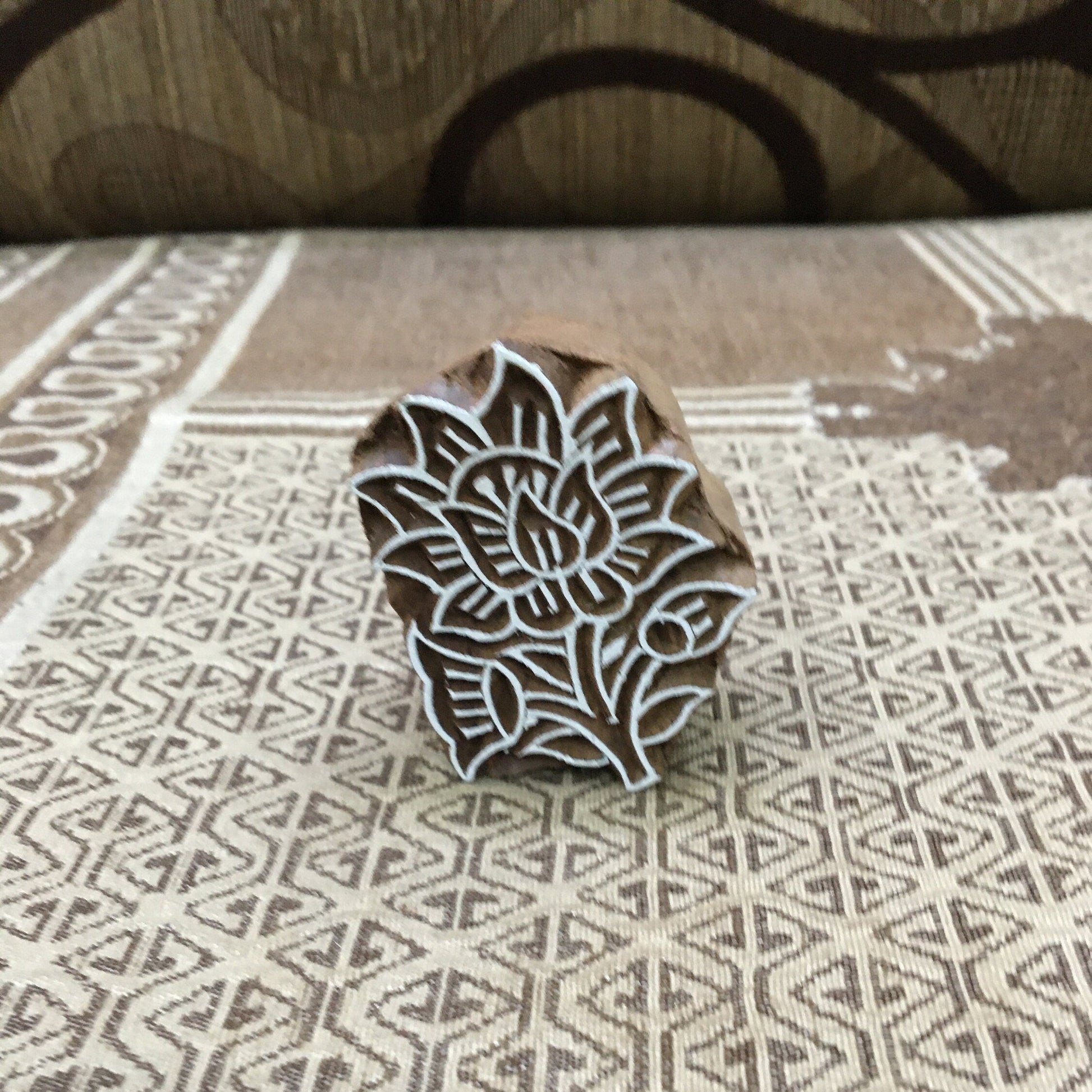Flower with leaves, hand carved Indian wood printing block; textile stamp; pottery stamp,