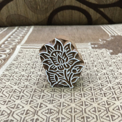 Flower with leaves, hand carved Indian wood printing block; textile stamp; pottery stamp,