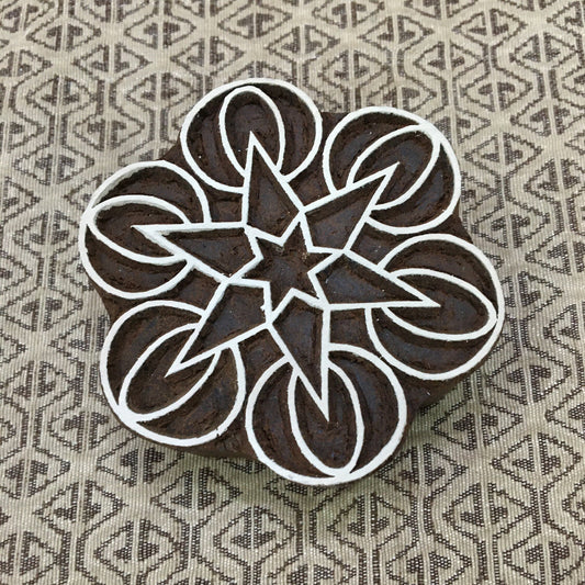Geometric Mandal, round hand carved Indian wood printing block; textile stamp; pottery stamp,