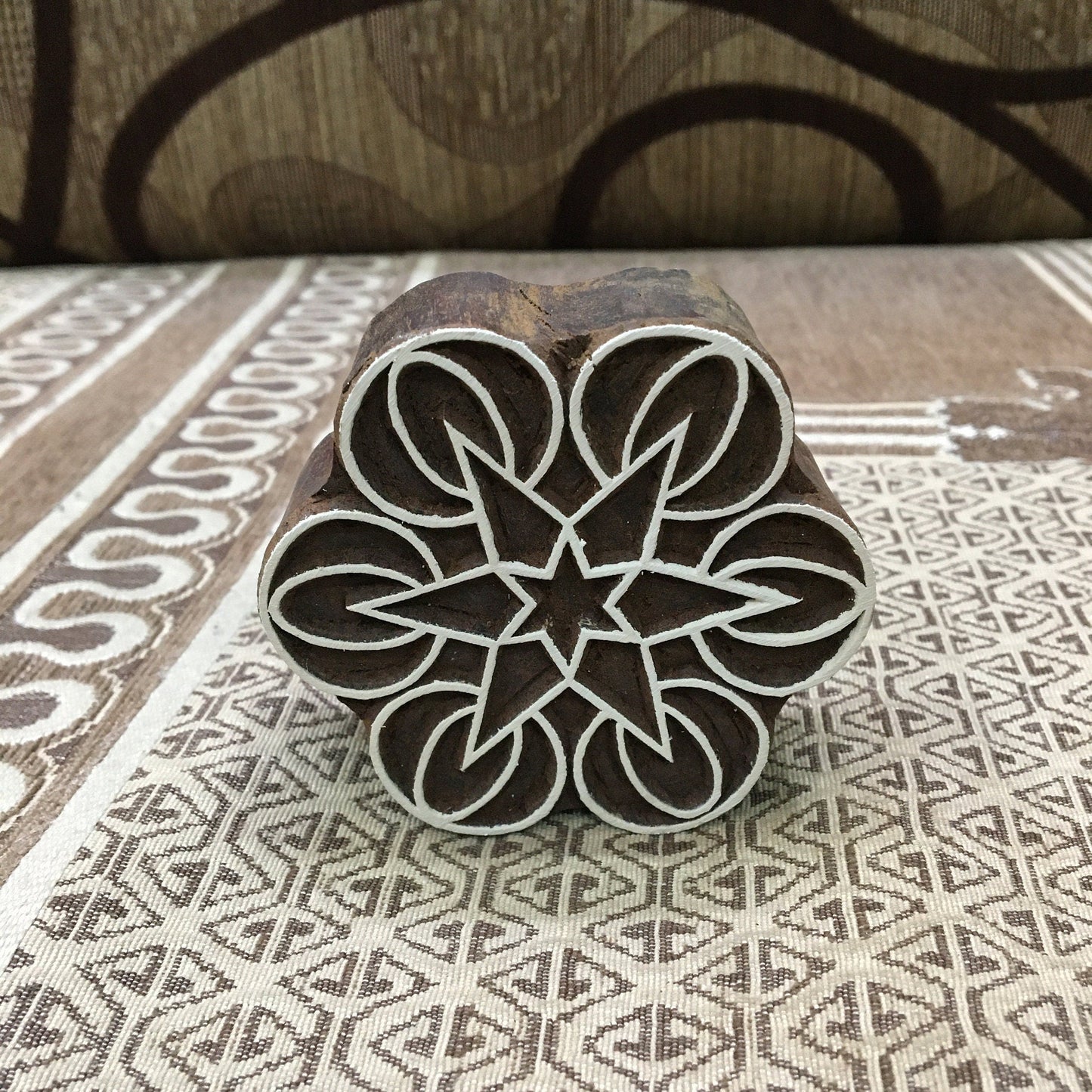 Geometric Mandal, round hand carved Indian wood printing block; textile stamp; pottery stamp,
