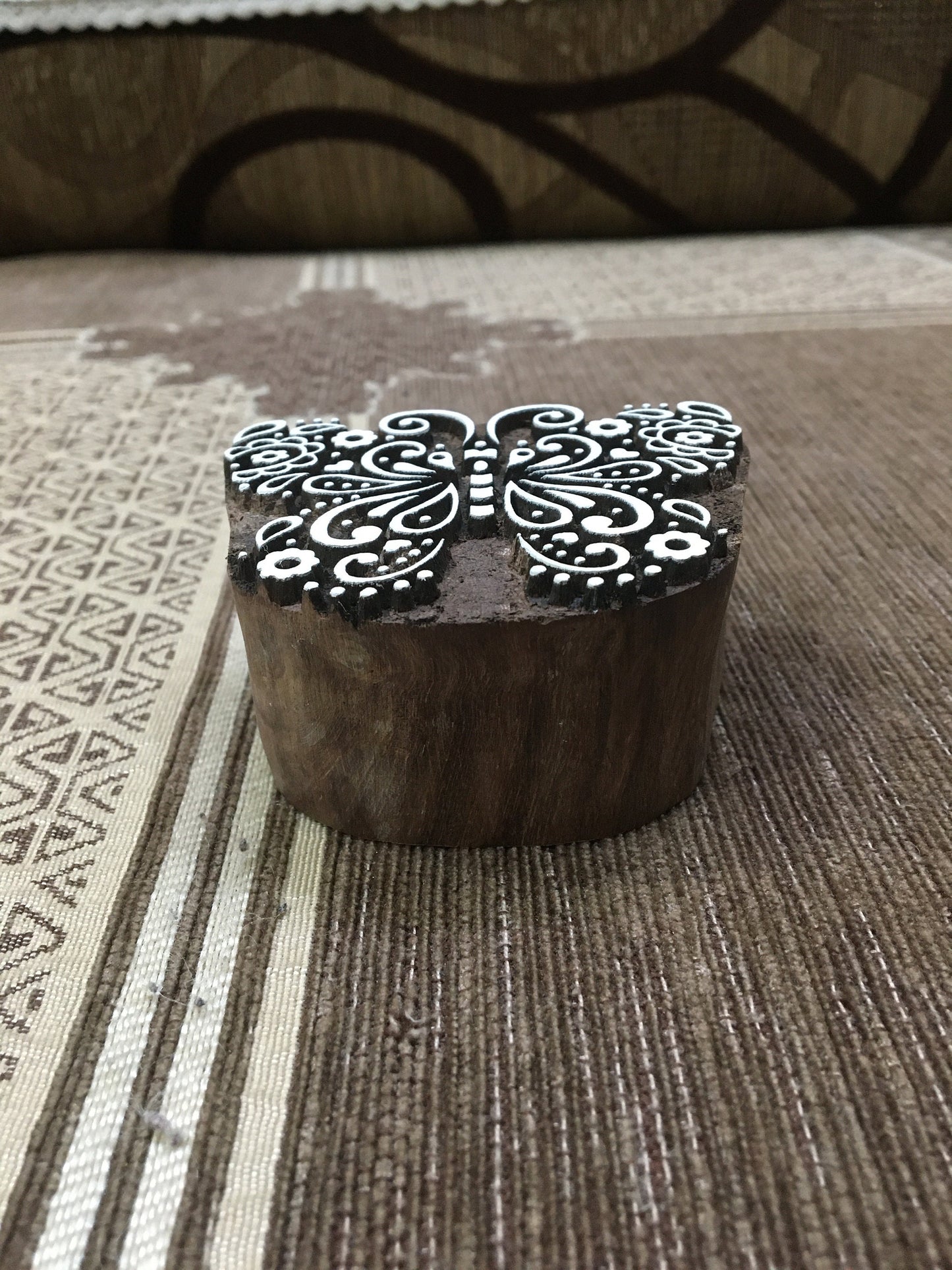 Indian Wooden Printing Block – Detailed Butterfly, hand carved Indian wood printing block; textile stamp; pottery stamp,