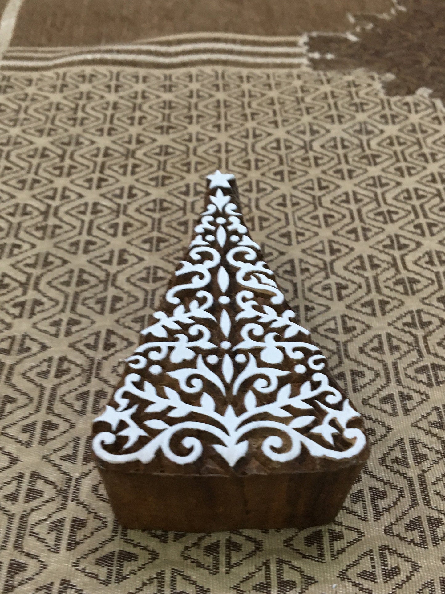 Leafy Christmas Tree, hand carved Indian wood printing block; textile stamp; pottery stamp,