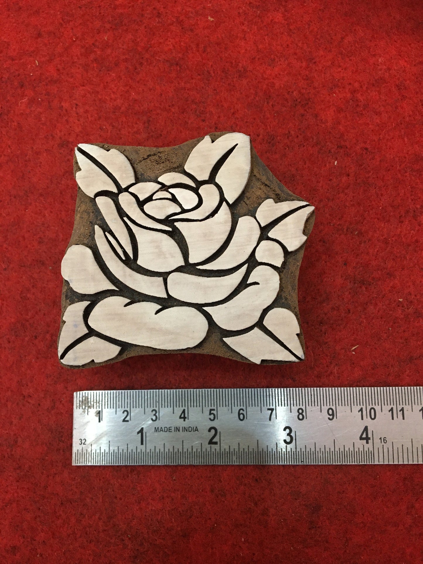 Rose with leaves, hand carved Indian wood printing block; textile stamp; pottery stamp,