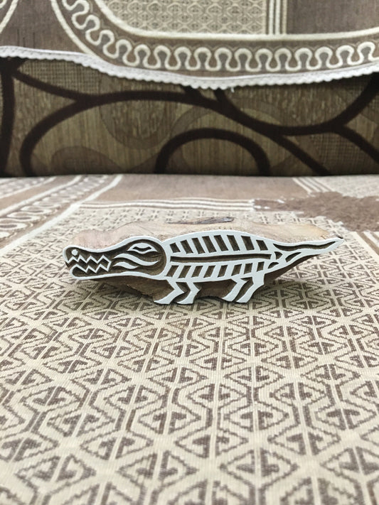 Indian Artistic Wooden Stamp:  Gator, Majestic Alligator in Intricate Detail, hand carved Indian block; textile stamp; pottery stamp,