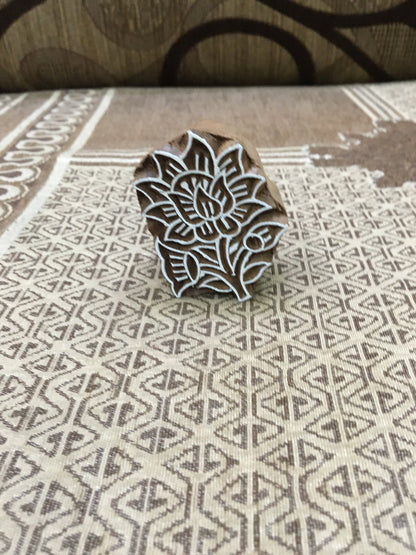 Flower with leaves, hand carved Indian wood printing block; textile stamp; pottery stamp,