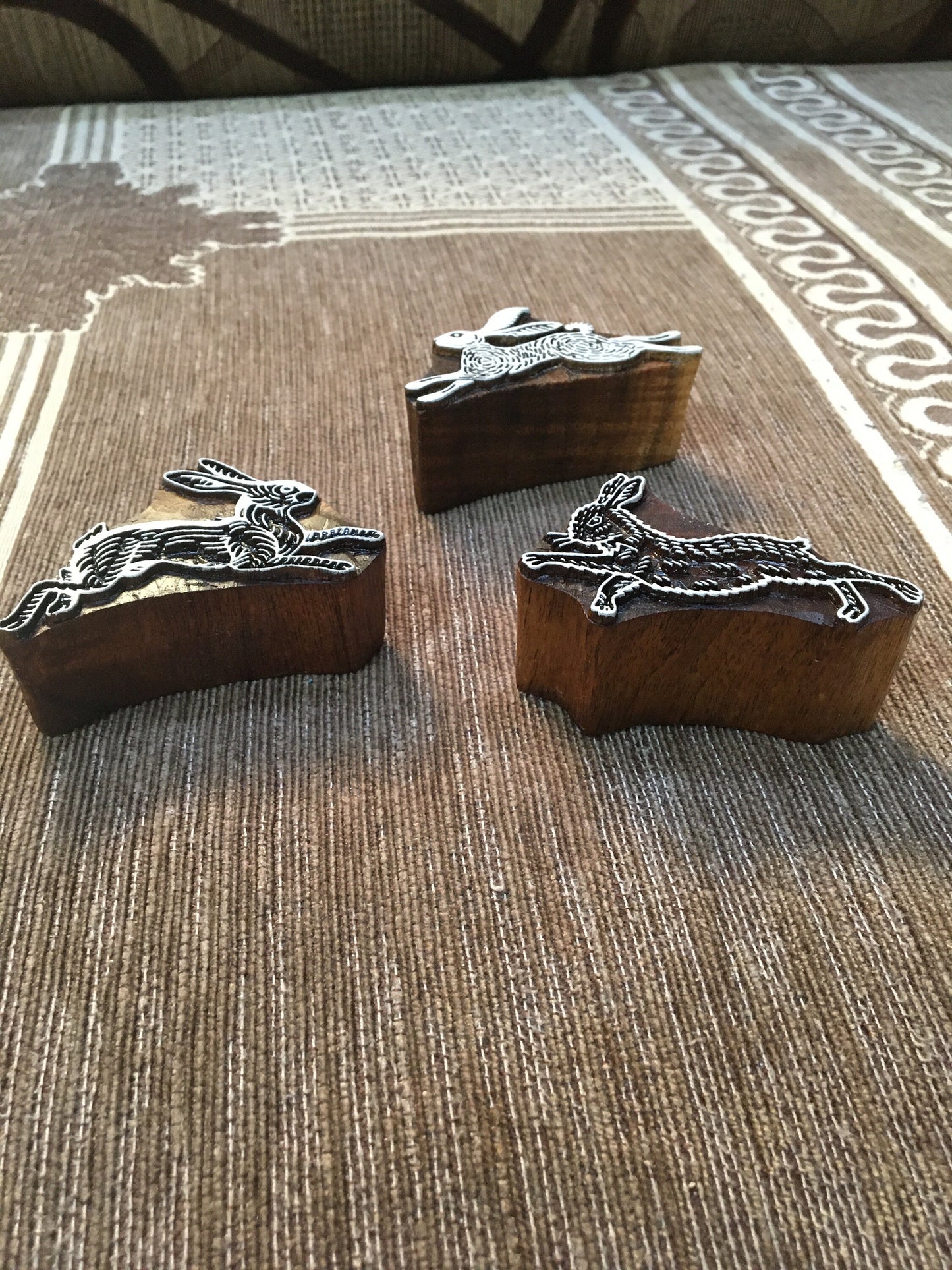 Leaping Hare, hand carved Indian wood printing block; textile stamp; pottery stamp,