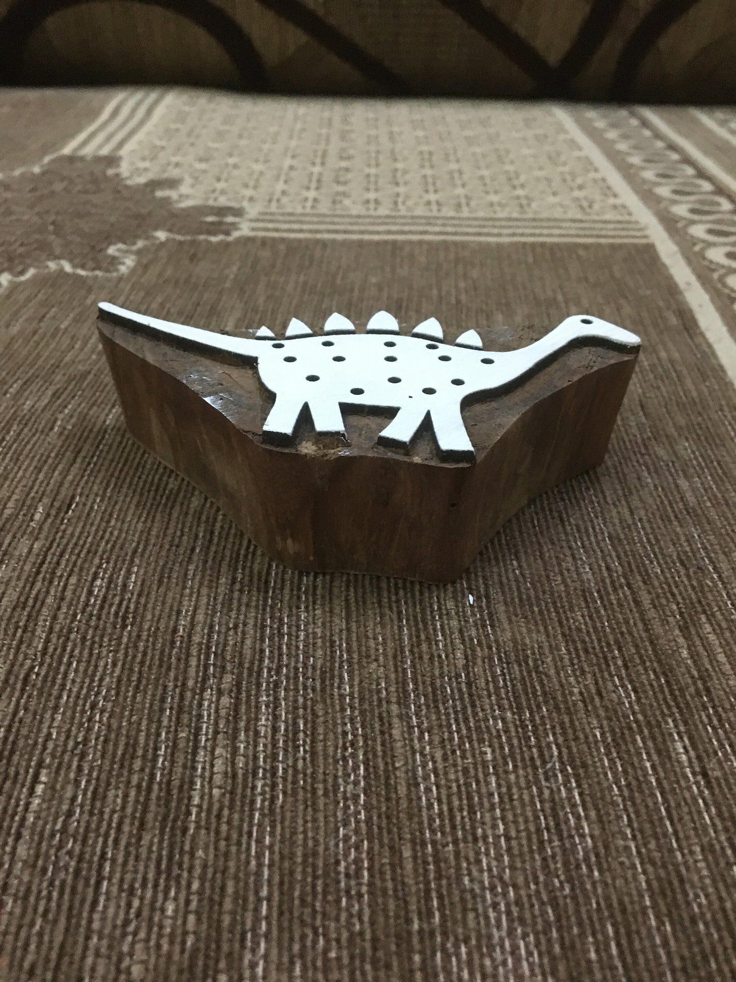 Indian Wooden Printing Block – Stegosaurus, hand carved Indian wood printing block; textile stamp; pottery stamp,