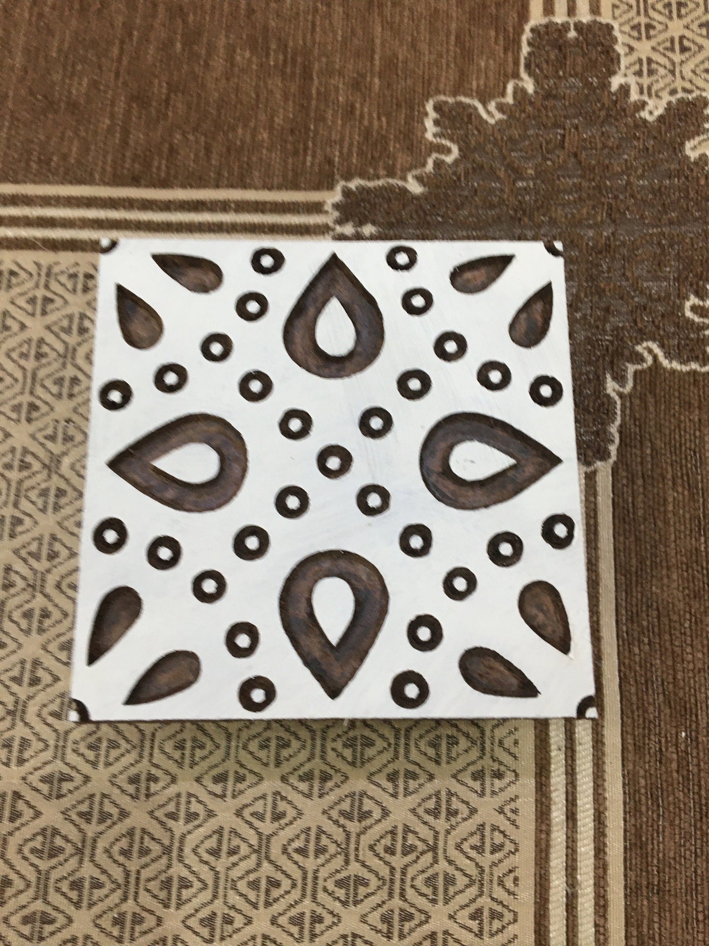 Indian Wooden Printing Block - Dotty Leaf Tile with Handle ,hand carved Indian wood printing block; textile stamp; pottery stamp,