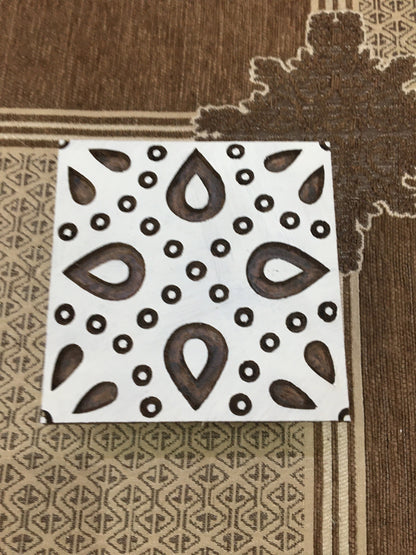 Indian Wooden Printing Block - Dotty Leaf Tile with Handle ,hand carved Indian wood printing block; textile stamp; pottery stamp,