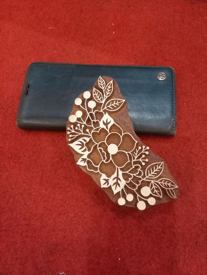 Indian Artistic Handicraft Item Rose flower with leaves ,hand carved Indian wood printing block; textile stamp; pottery stamp,
