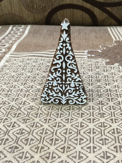 Leafy Christmas Tree, hand carved Indian wood printing block; textile stamp; pottery stamp,