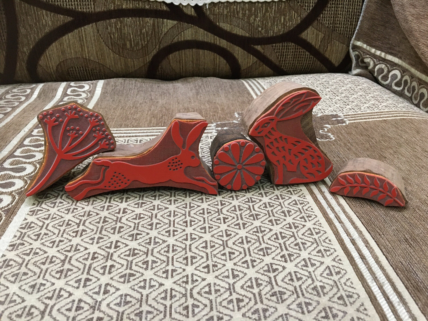 Hares and Seed Heads Stamp Block Set, hand carved Indian wood mounted rubber printing block; textile stamp; pottery stamp,