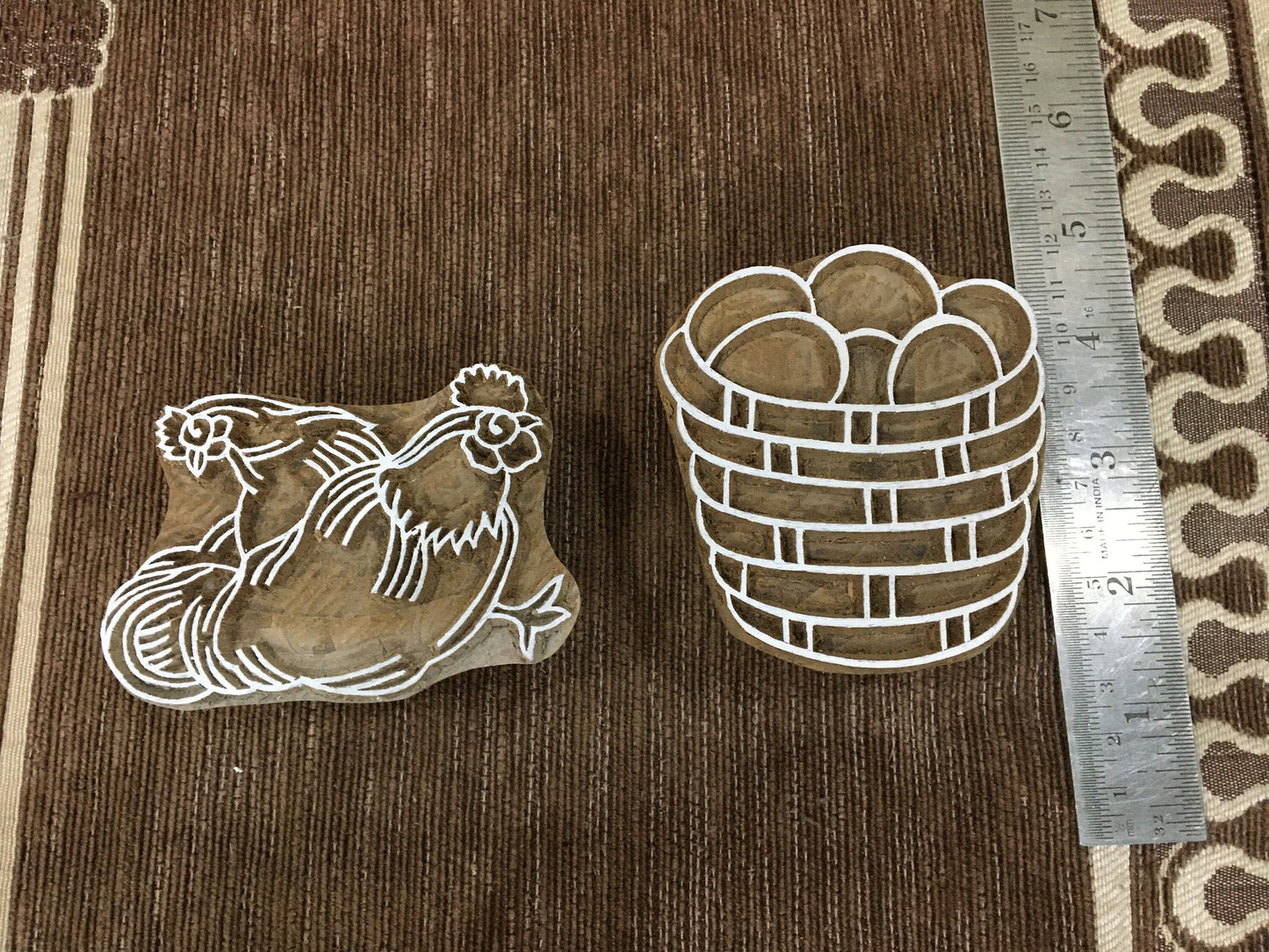 Hen & Cock with the Egg Basket Wooden Printing Blocks Stamps, hand carved Indian wood printing block; textile stamp; pottery stamp,