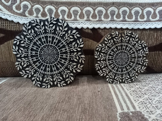 Leafy Mandala Pair , Round Hand Carved Indian Wooden Stamp ,Wood Block for Textile Fabric Stamping Henna Pottery DIY
