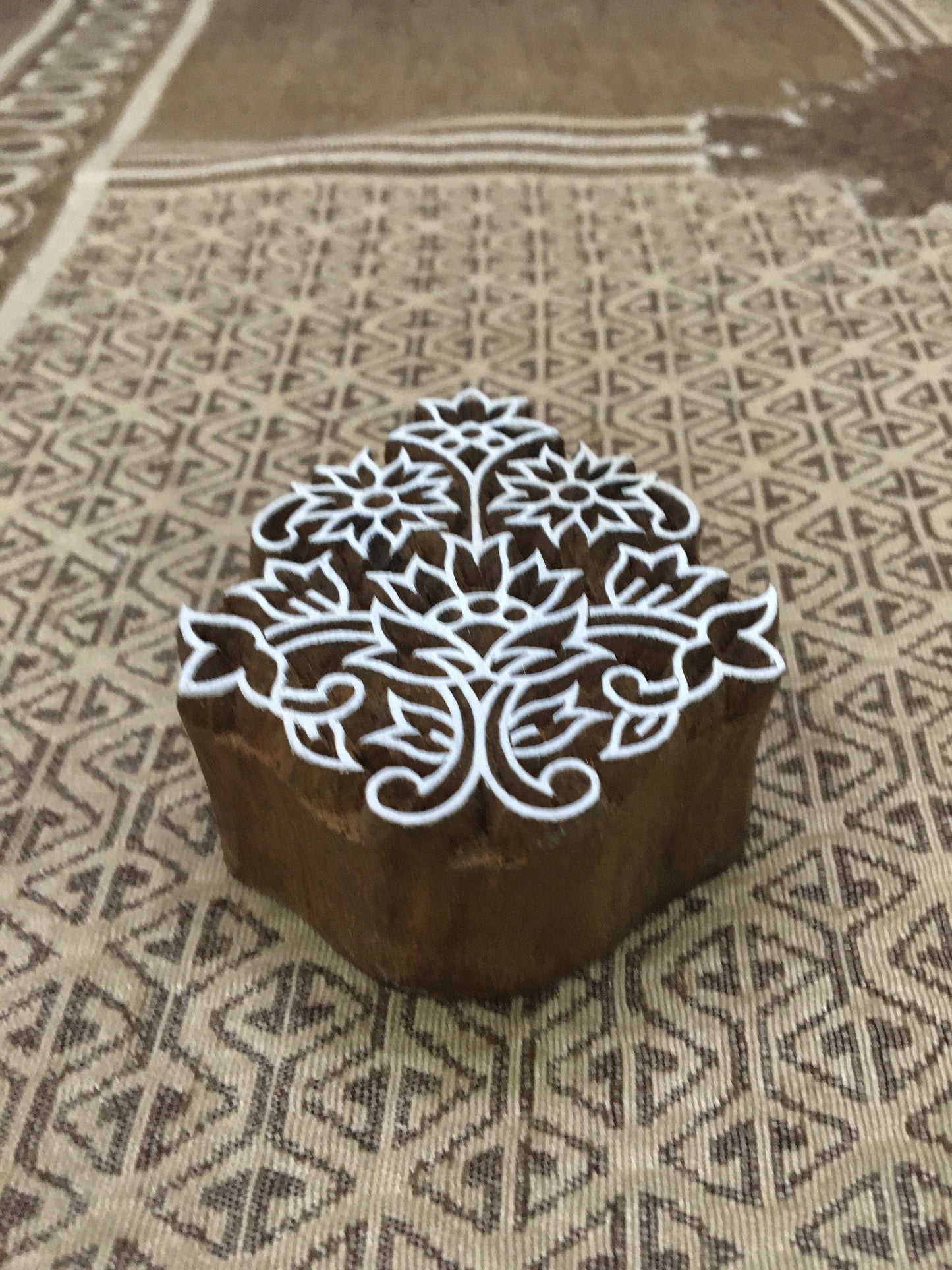 Oriental Flower, hand carved Indian wood printing block; textile stamp; pottery stamp,