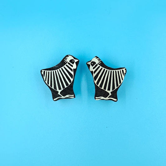 Indian Wooden Printing Block-Stripy Chicken Pair , hand carved Indian wood printing block; textile stamp; pottery stamp, Batik Tjaps,