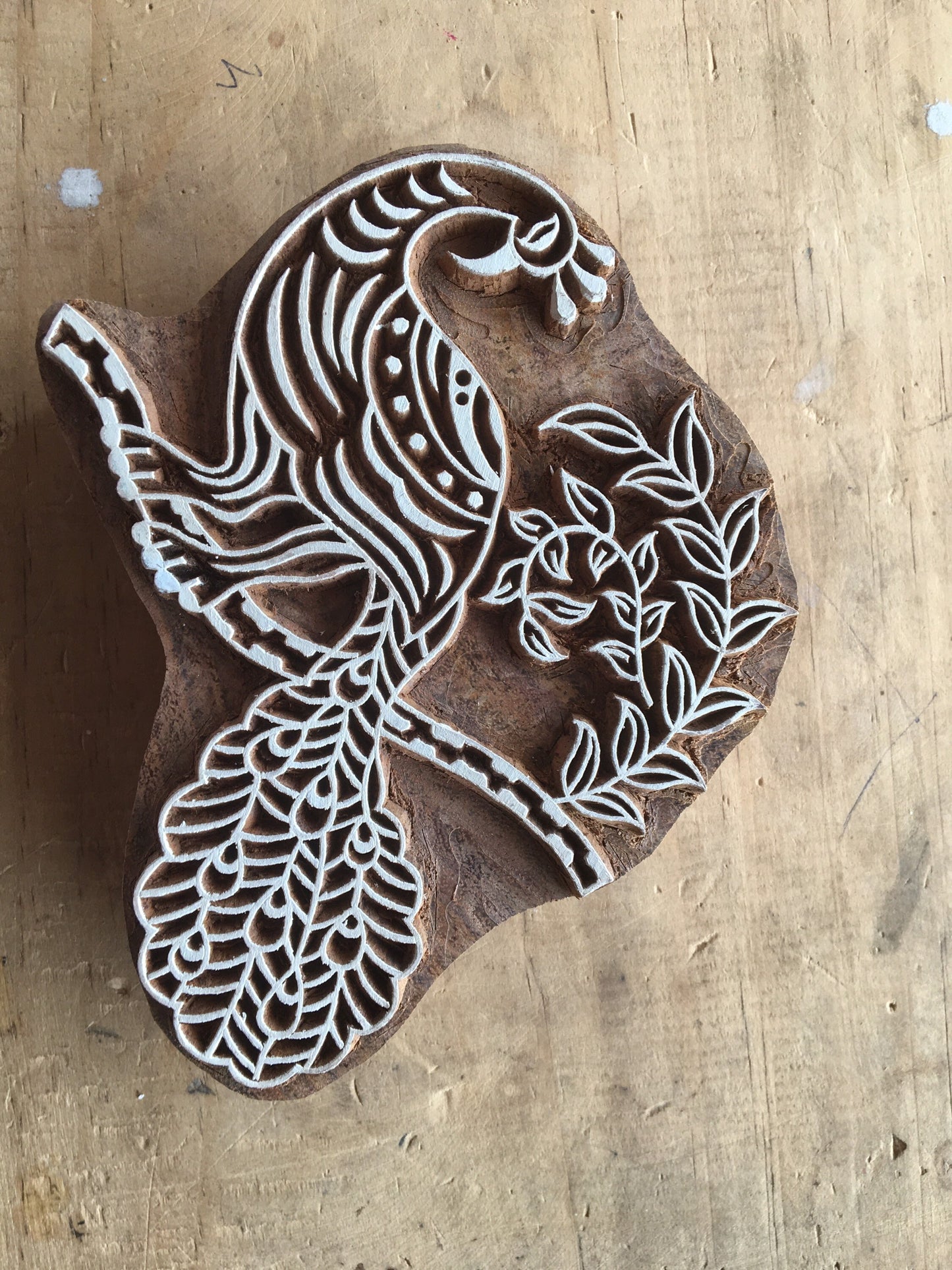 Peacock on branch wooden stamp, hand carved Indian wood printing block; textile stamp; pottery stamp,