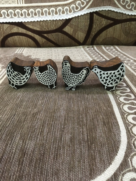 Funny Chickens Sisters, hand carved Indian wood printing block; textile stamp; pottery stamp,
