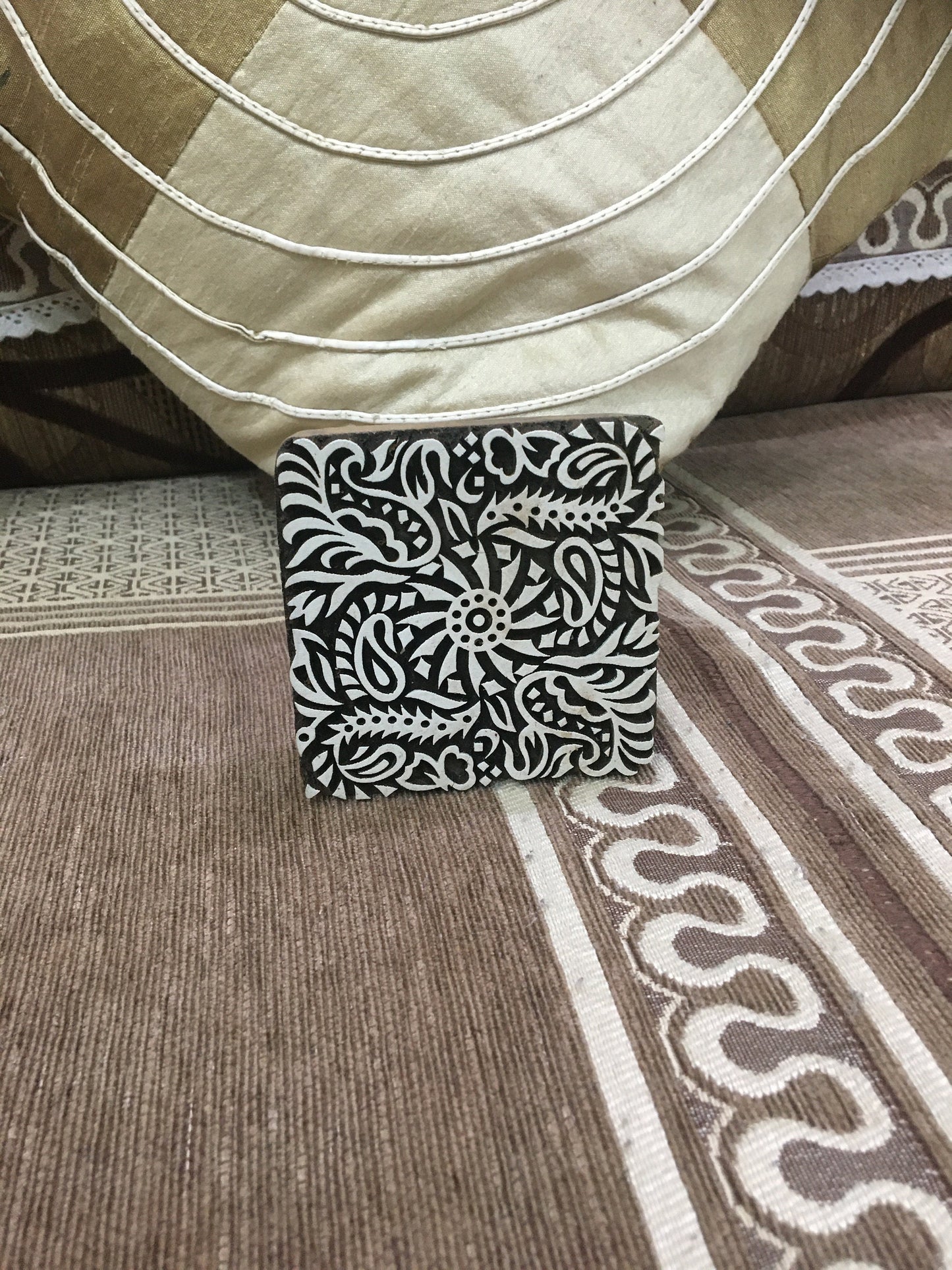 Indian Wooden Printing Block- Detailed Flower Tile, hand carved Indian wood printing block; textile stamp; pottery stamp,