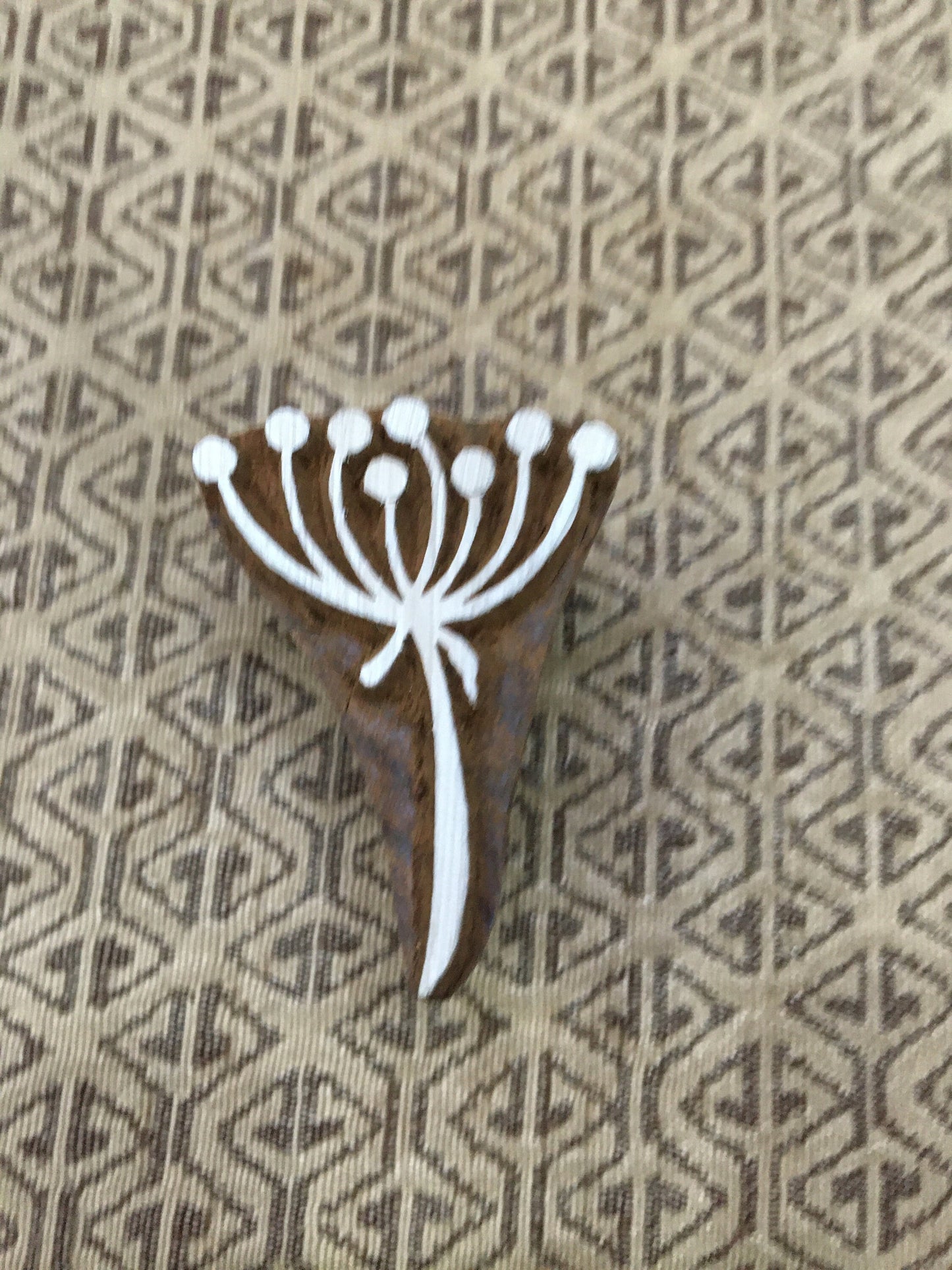 Small stylised seedhead, hand carved Indian wood printing block; textile stamp; pottery stamp,