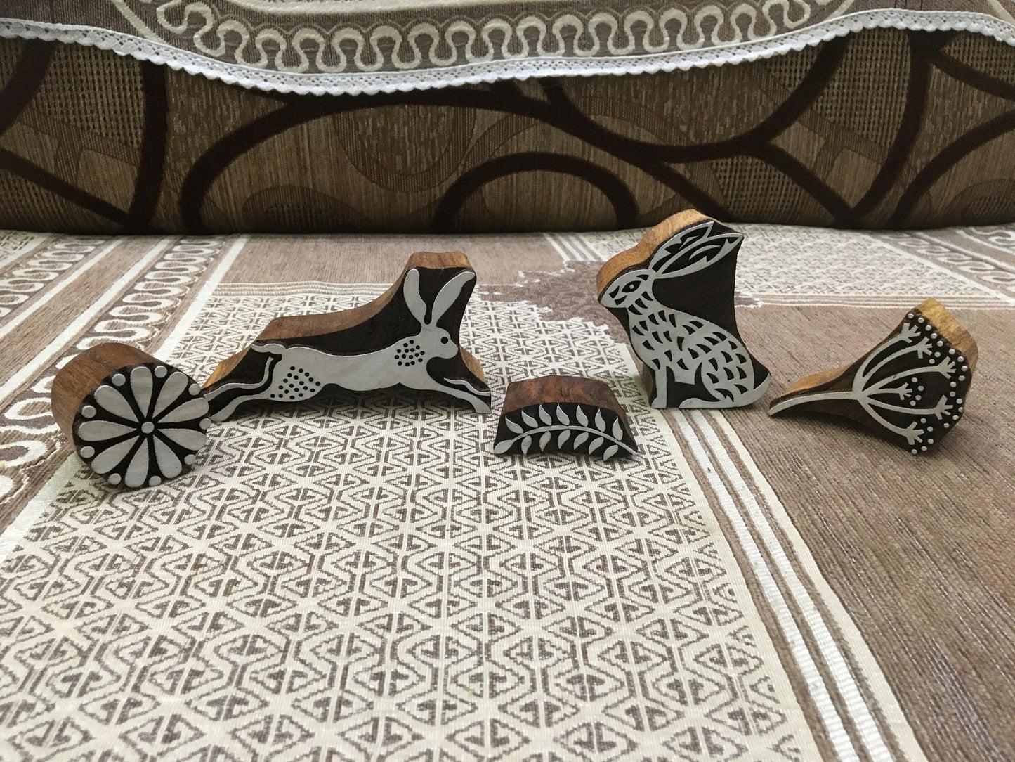 Hares and Seed Heads Stamp Block Set, hand carved Indian wood printing block; textile stamp; pottery stamp,