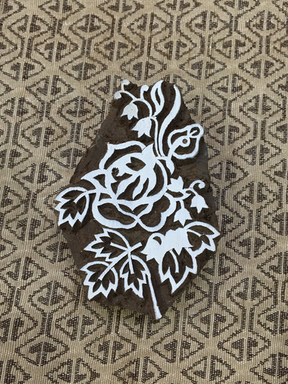Rose Plant, hand carved Indian wood printing block; textile stamp; pottery stamp,