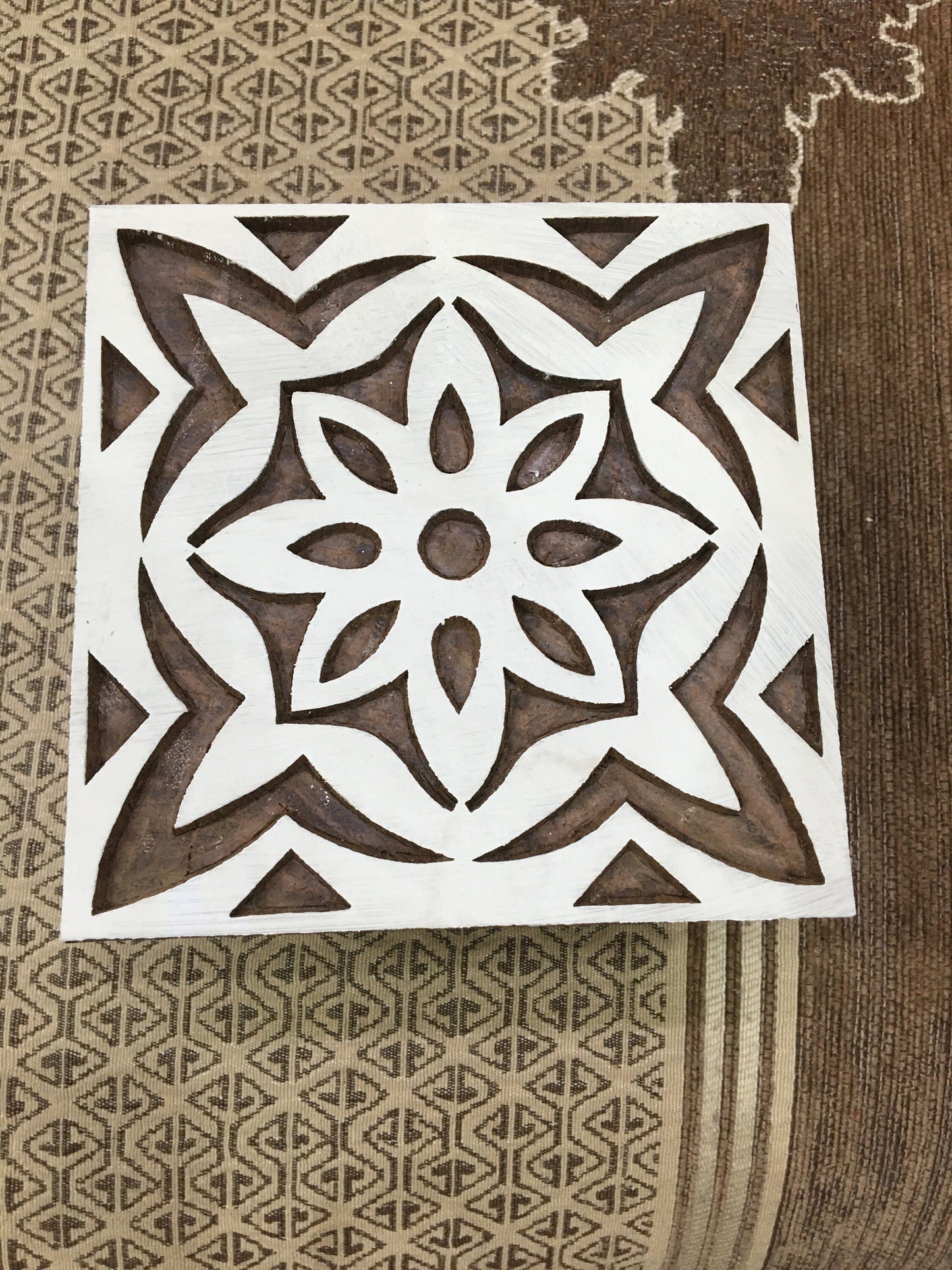 Harmonious Fusion: Indian Wooden Printing Block Meets Mediterranean Tile, hand carved  block; textile stamp; pottery stamp,