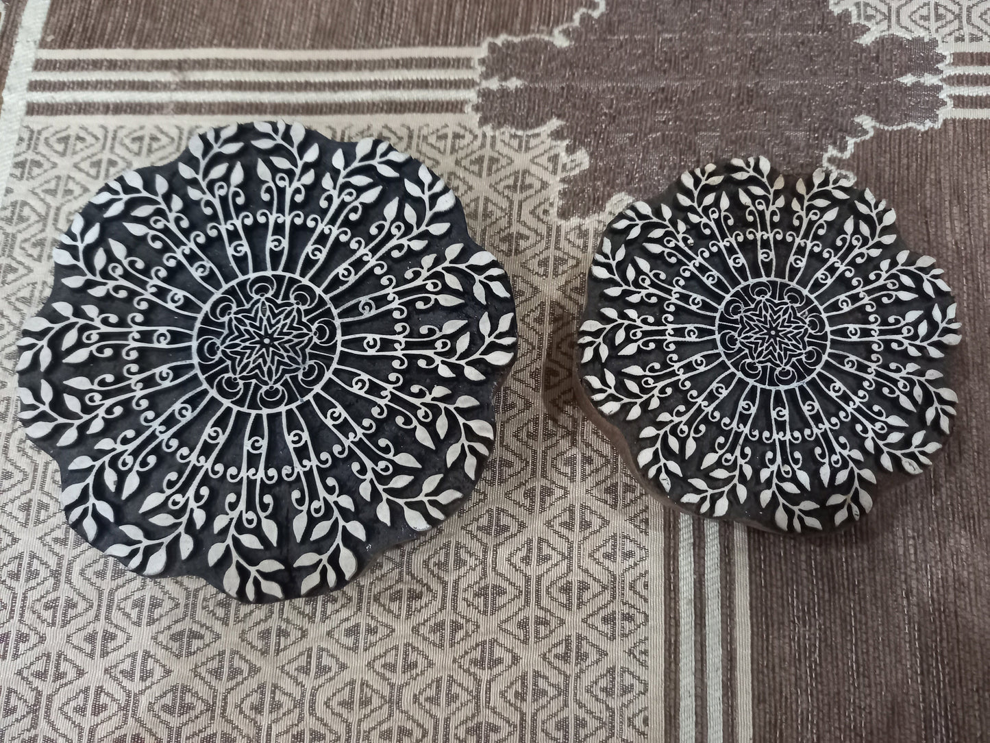 Leafy Mandala Pair , Round Hand Carved Indian Wooden Stamp ,Wood Block for Textile Fabric Stamping Henna Pottery DIY