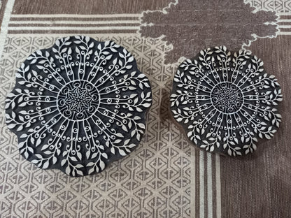 Leafy Mandala Pair , Round Hand Carved Indian Wooden Stamp ,Wood Block for Textile Fabric Stamping Henna Pottery DIY