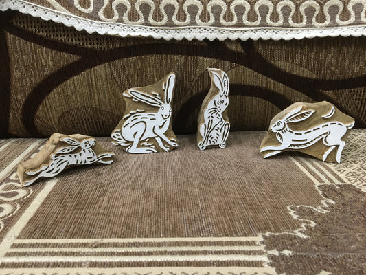 Hopping Harmony: A Group of Hares Wooden Printing Blocks Stamps, hand carved Indian wood printing block; textile stamp; pottery stamp,