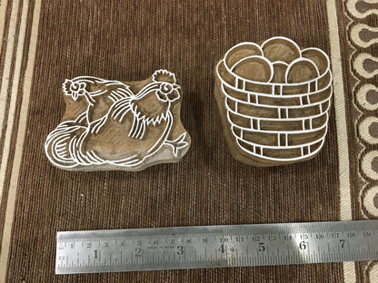 Hen & Cock with the Egg Basket Wooden Printing Blocks Stamps, hand carved Indian wood printing block; textile stamp; pottery stamp,