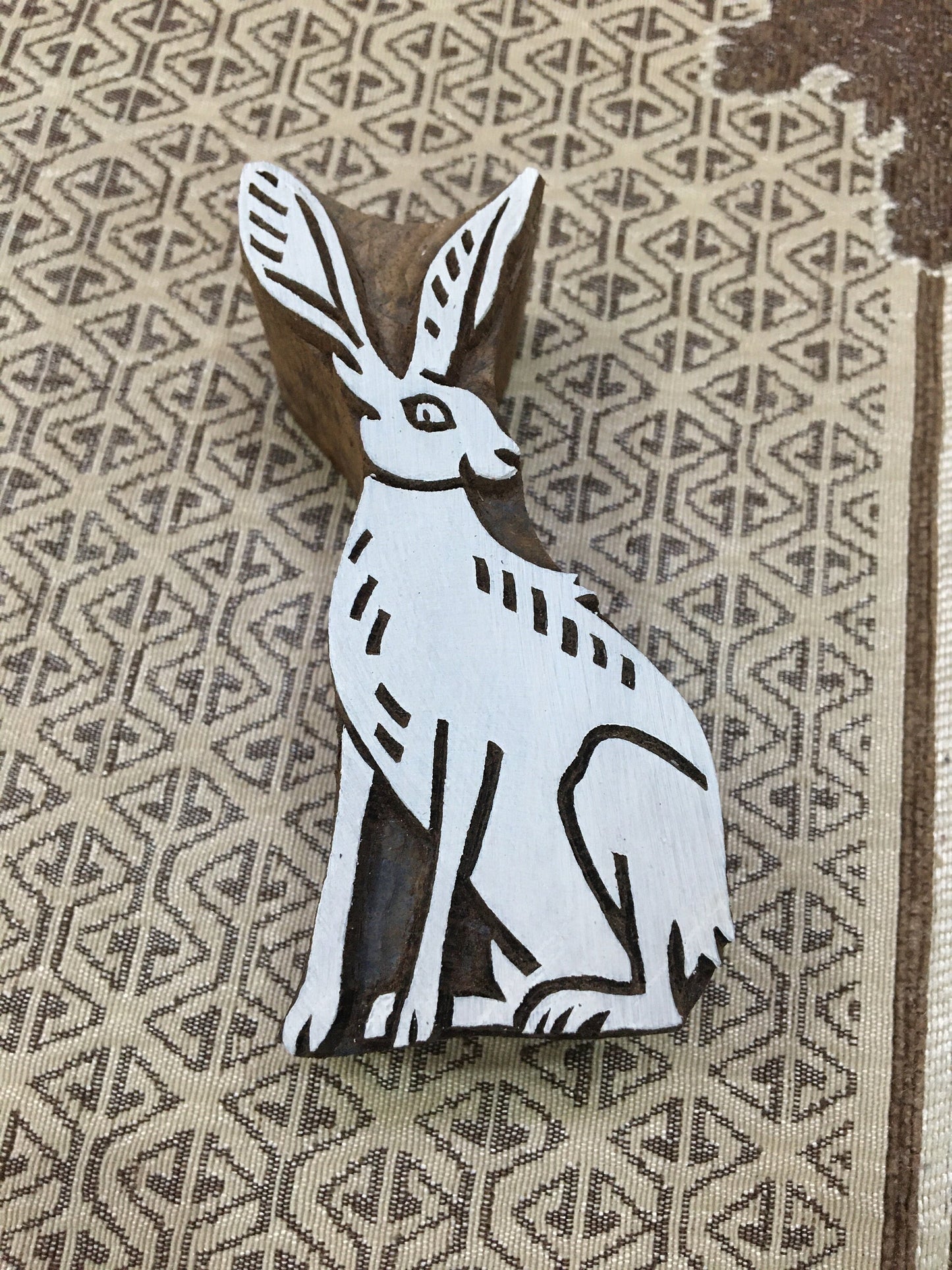 sitting hare, hand carved Indian wood printing block; textile stamp; pottery stamp,