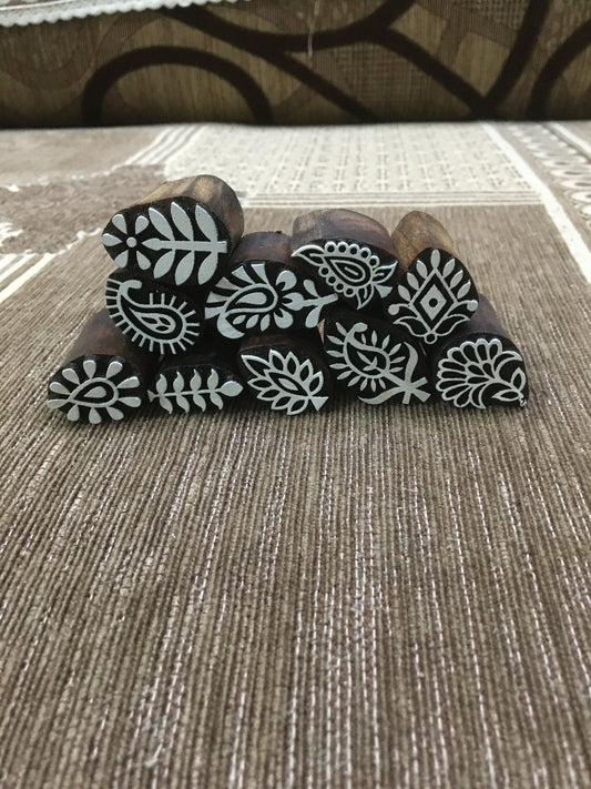 Indian Wooden Block Set – 12 Ethnic Diddley’, hand carved Indian wood printing block; textile stamp; pottery stamp,